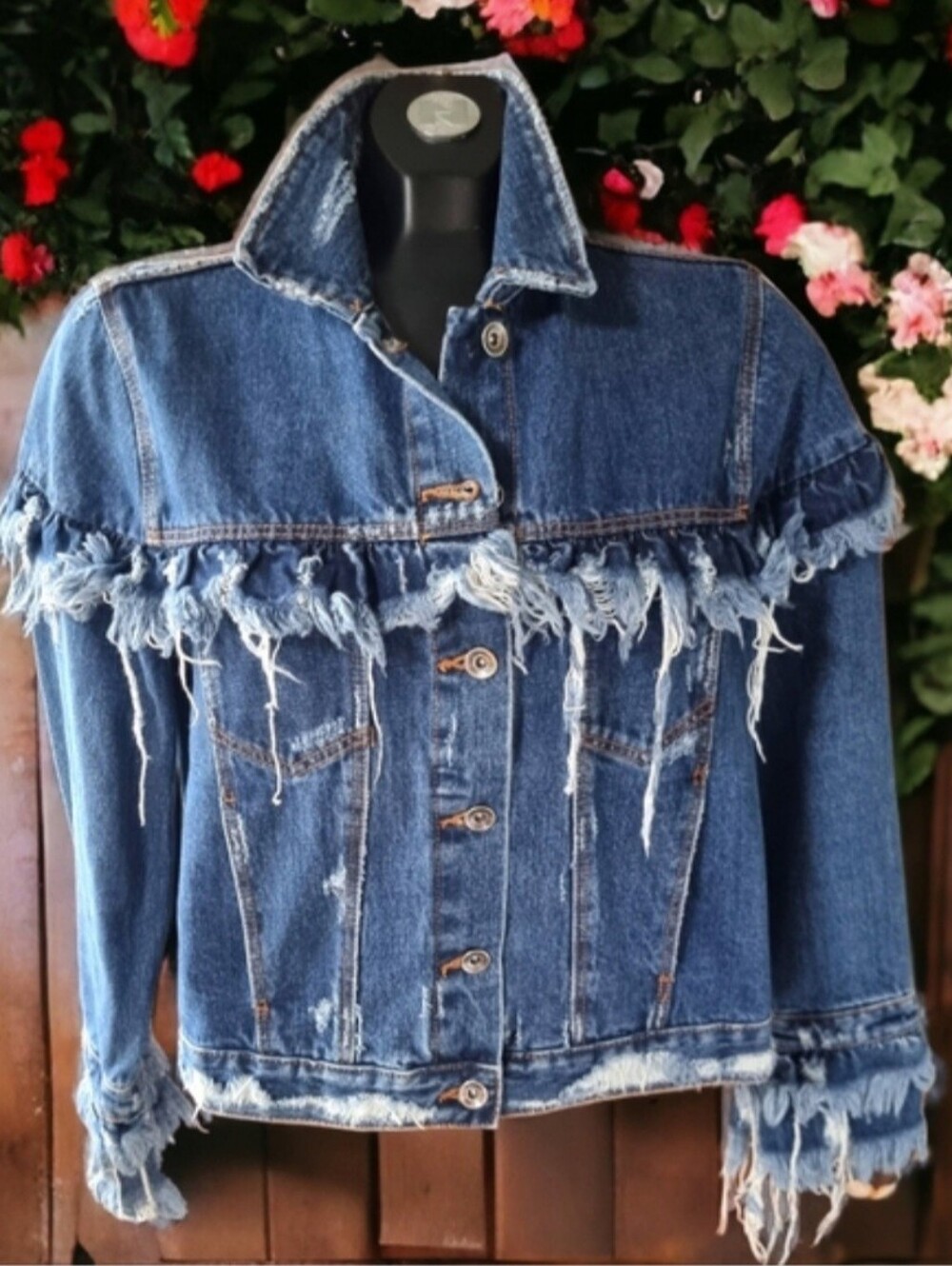 Zara Distressed Fringe 100% Cotton Blue Denim Jean Jacket Size L